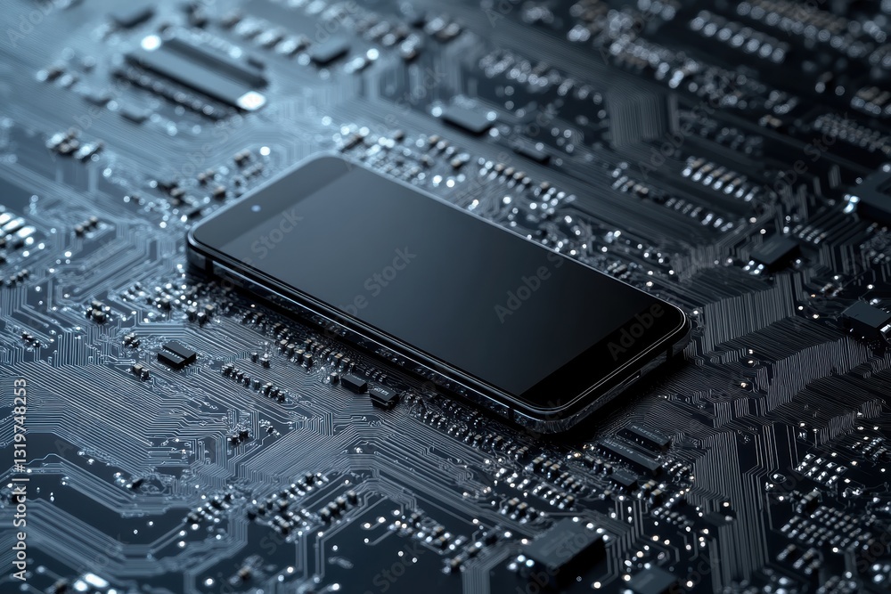 Fototapeta premium Innovative graphic layout showcasing smartphone on circuit board background
