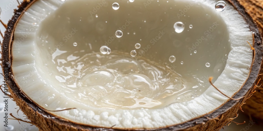 Coconut half with splashing water droplets captured in close-up showing natural freshness and beauty