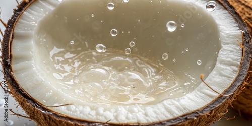 Obraz na płótnie Coconut half with splashing water droplets captured in close-up showing natural freshness and beauty w salonie