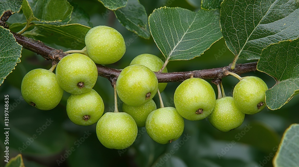 Green crabapples ripening on branch, orchard foliage Green crabapples ripening on branch, orchard foliage