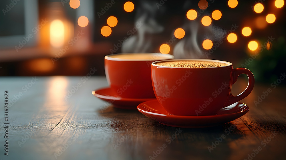 Two steaming cups of coffee sit on a wooden table, warm lighting in the background. Cozy atmosphere Two steaming cups of coffee sit on a wooden table, warm lighting in the background. Cozy atmosphere