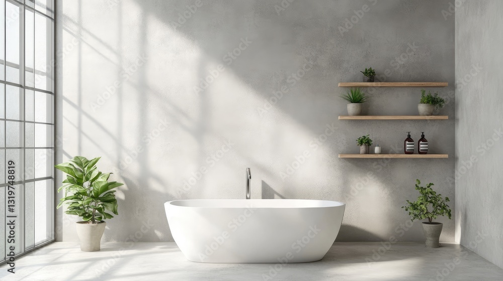 Neutral-toned bathroom with small potted plants on floating shelves, adding a fresh, natural touch. Neutral-toned bathroom with small potted plants on floating shelves, adding a fresh, natural touch.