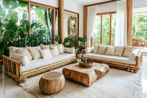 Eco-friendly living room with bamboo furniture, lush greenery, and neutral tones, creating a peaceful and sustainable ambiance