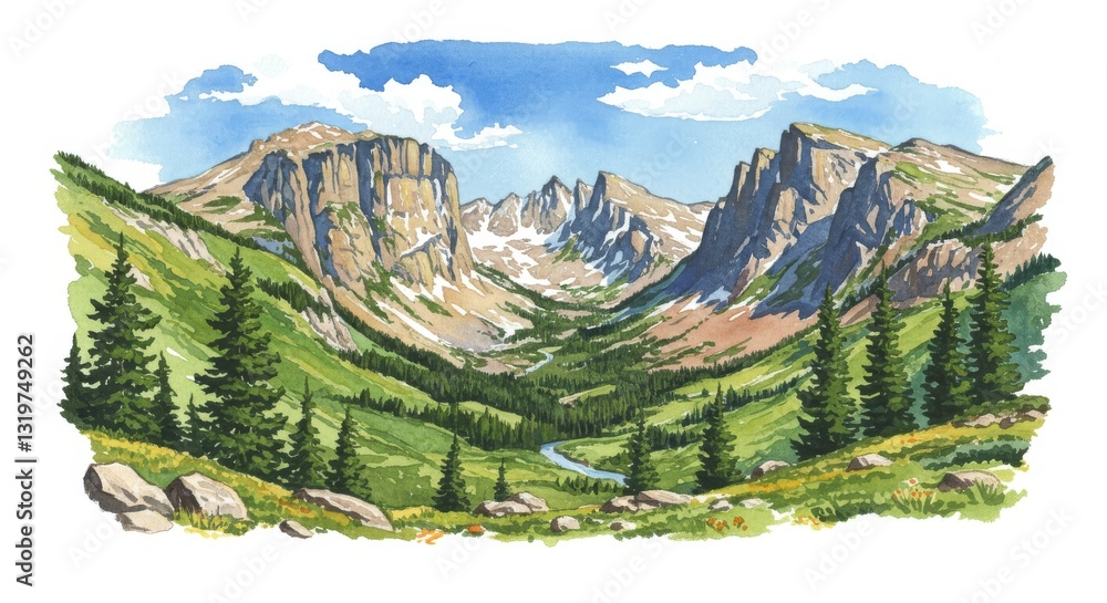 Fototapeta premium Rocky Mountain National Park Scenic View Landscape Art - A beautiful illustration showcasing green valleys, majestic mountains, flowing river, blue sky