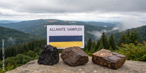 Obraz na płótnie Natural allanitite samples displayed against a scenic mountainous backdrop with overcast skies in late afternoon light w salonie