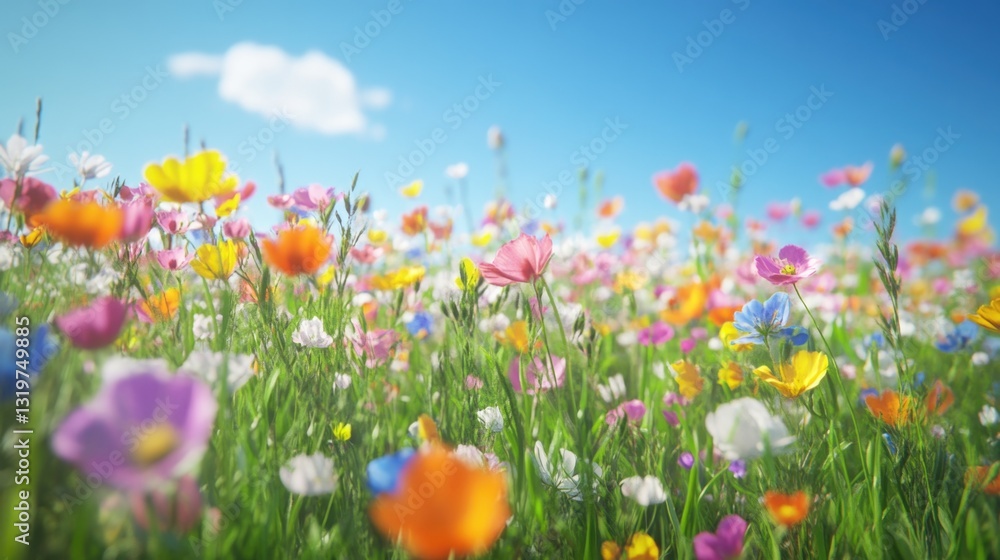 Fototapeta premium Colorful blooms in a sunny meadow under a clear sky.