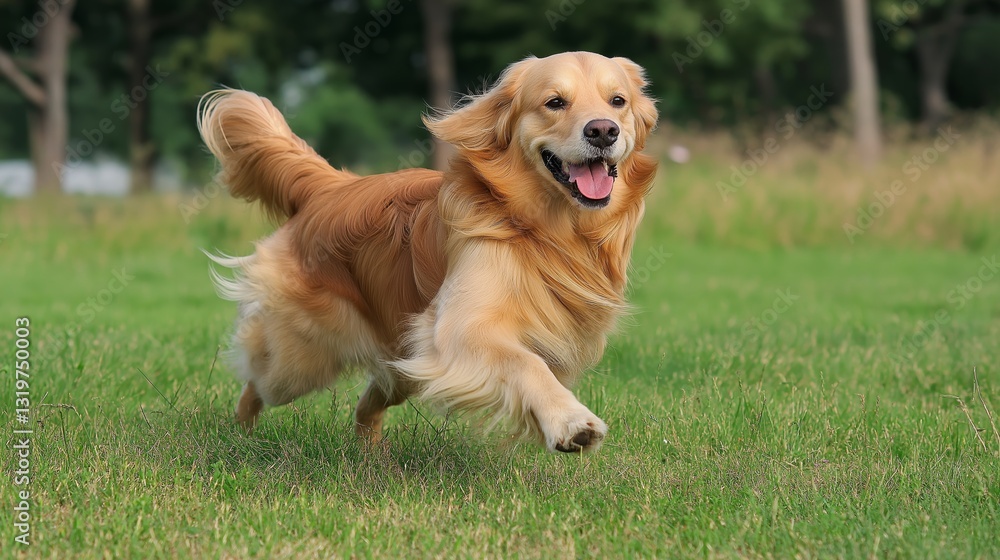 Happy Golden Retriever Running Through Grass in a Sunny Park Setting Happy Golden Retriever Running Through Grass in a Sunny Park Setting