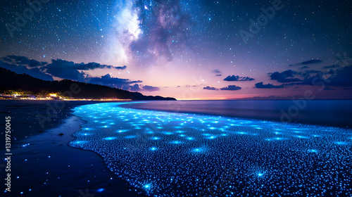 Nighttime Coastal Scene with Glowing Bioluminescent Waters Reflecting Starry Sky