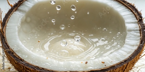 Obraz na płótnie Fresh coconut water spilling from a half-open coconut, showcasing droplets in a natural setting w salonie