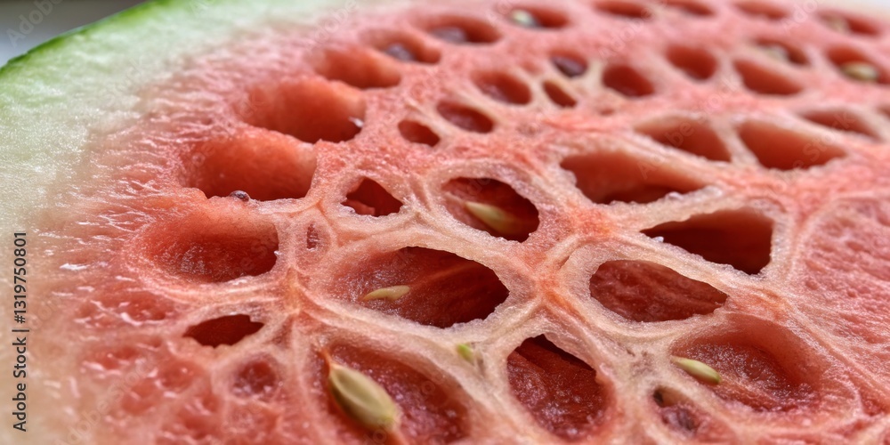Close-up view of a sliced watermelon revealing intricate patterns and seeds in vibrant colors
