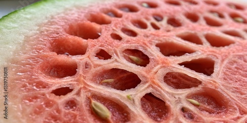 Obraz na płótnie Close-up view of a sliced watermelon revealing intricate patterns and seeds in vibrant colors w salonie