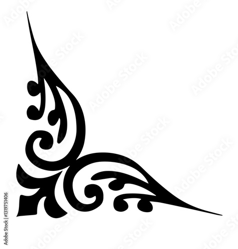 Black corner ornament with swirls and flowing lines, decorative element with sharp outward-facing ends, symbolizing elegant framing and design.