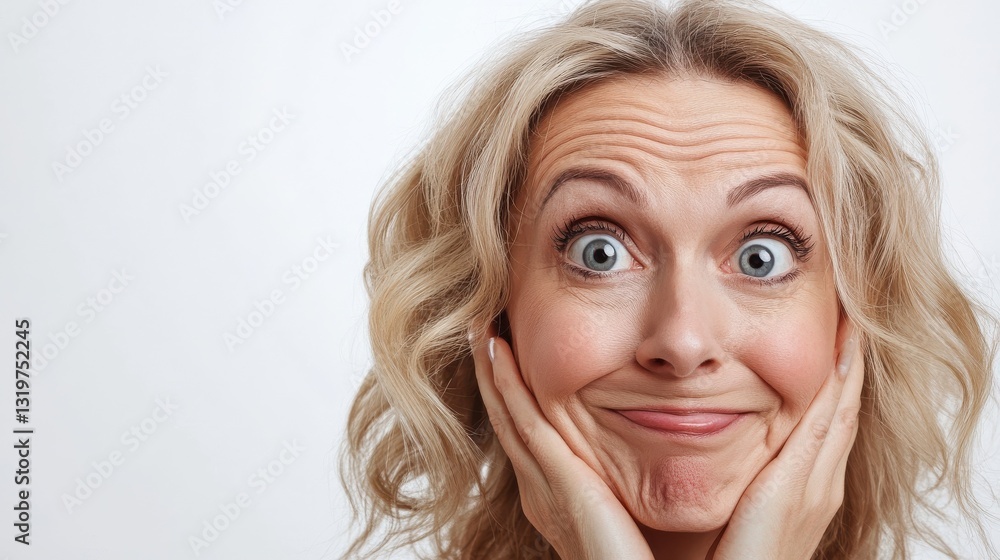 Happy smiling attractive 50s middle aged blonde woman looking at camera advertising antiage face skin and aging hair care treatment and cosmetics isolated on white background. Close up portrait. Happy smiling attractive 50s middle aged blonde woman looking at camera advertising antiage face skin and aging hair care treatment and cosmetics isolated on white background. Close up portrait.