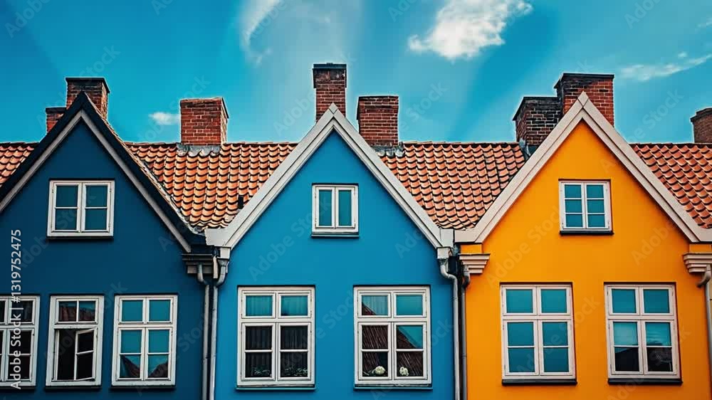 A row of bright multicolored houses with characteristic rooftops. Concept of urban charm and eye-catching architecture. A row of bright multicolored houses with characteristic rooftops. Concept of urban charm and eye-catching architecture.