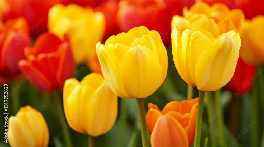 Vibrant tulip garden showcasing colorful blooms in springtime, with a soft-focus background Vibrant tulip garden showcasing colorful blooms in springtime, with a soft-focus background