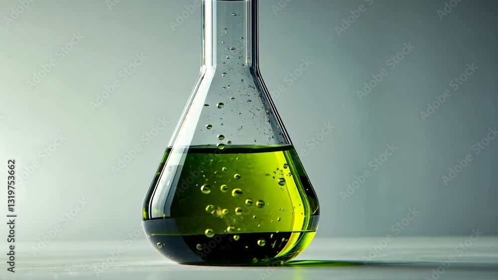 Green liquid in a laboratory flask with bubbles against a soft background