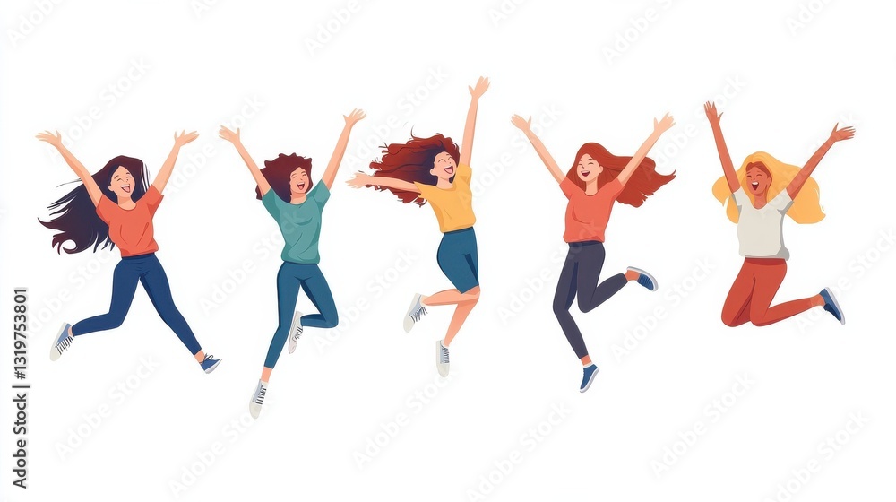 Jumping young happy people. Man and woman teenagers celebrating jump, flying persons in air. Flat vector characters isolated set. People young excited and celebrating, positive success illustration Jumping young happy people. Man and woman teenagers celebrating jump, flying persons in air. Flat vector characters isolated set. People young excited and celebrating, positive success illustration