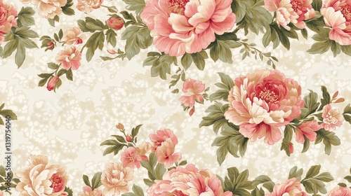 Vintage Floral Pattern with Peony Flowers and Green Leaves on Cream Background – Elegant Botanical Wallpaper Design