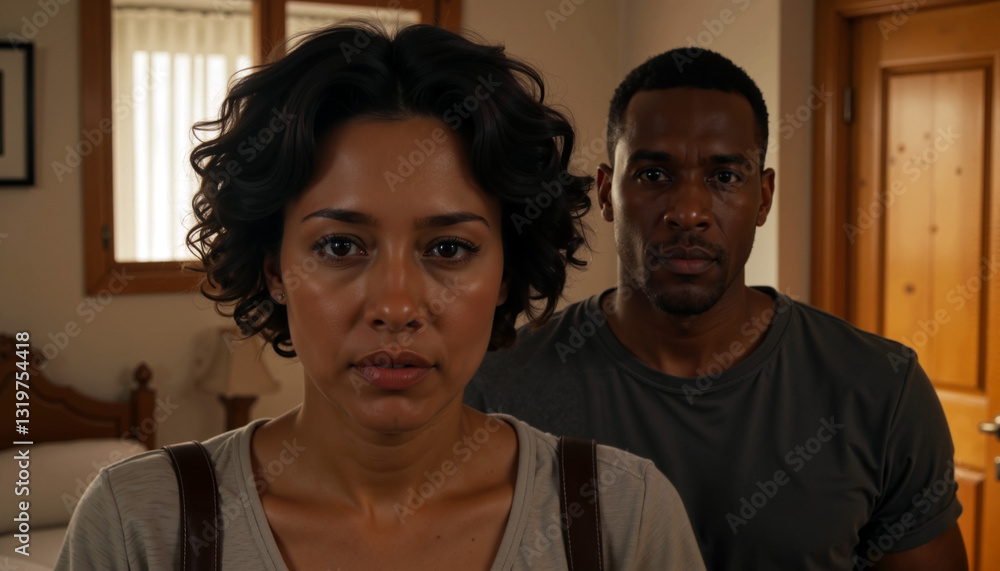 Serious couple standing in a tense moment at home
Serious couple standing in a tense moment at home