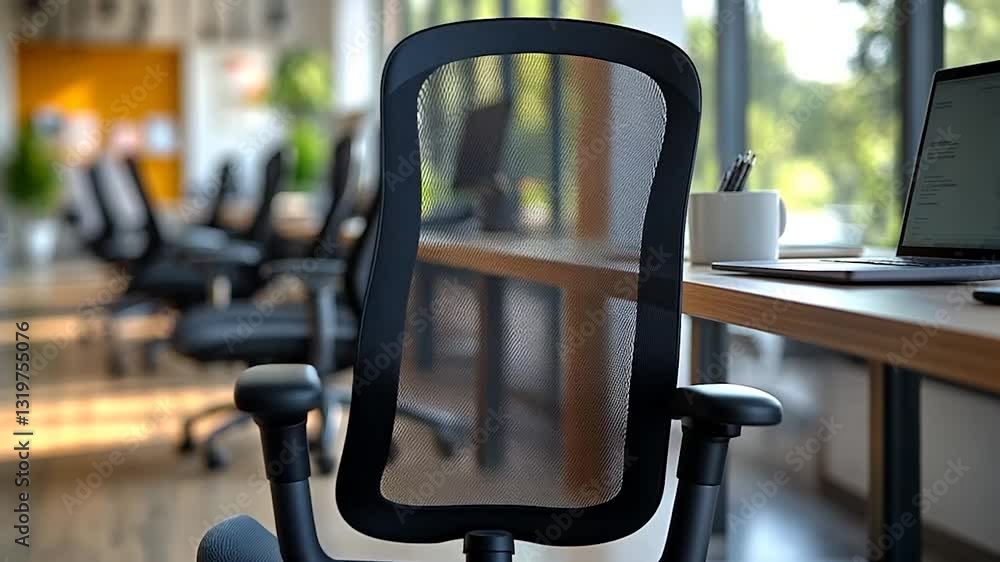 Modern ergonomic office chair in a bright workspace with sunlight Modern ergonomic office chair in a bright workspace with sunlight