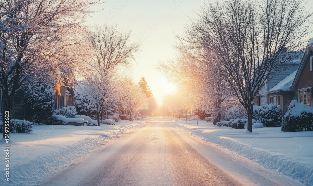 serene view of suburban street covered in frost, illuminated by warm glow of setting sun. scene captures beauty of winter mornings, evoking sense of calm and tranquility serene view of suburban street covered in frost, illuminated by warm glow of setting sun. scene captures beauty of winter mornings, evoking sense of calm and tranquility
