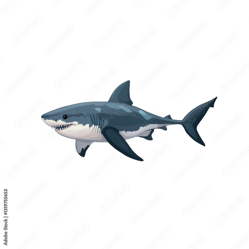 Fototapeta premium This design showcases a detailed illustration of a great white shark, emphasizing its powerful physique against a transparent backdrop.