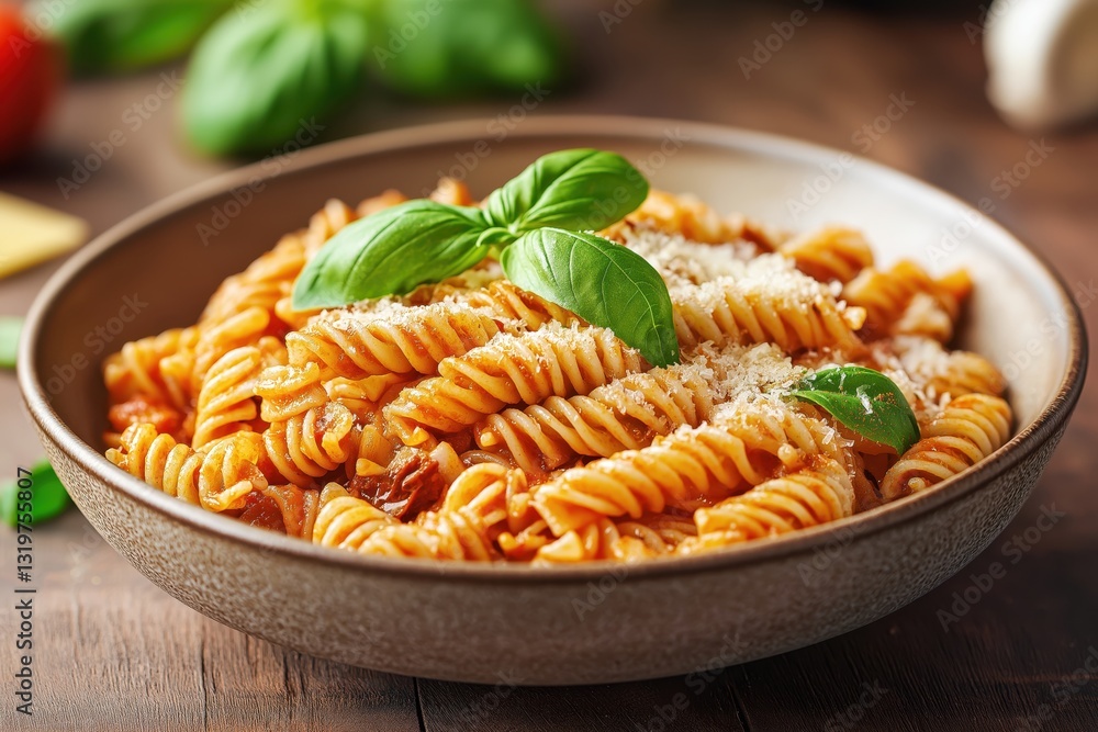 Pasta with sun-dried tomato pesto, basil, and Parmesan on a rustic table Pasta with sun-dried tomato pesto, basil, and Parmesan on a rustic table