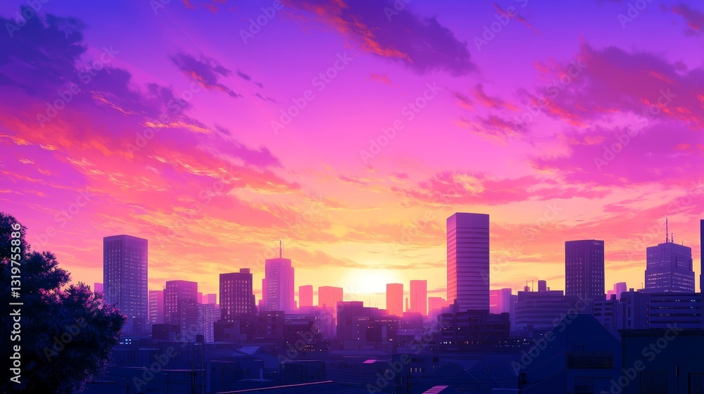 Fototapeta premium Vibrant sunset over a city skyline, casting colorful hues across buildings and rooftops