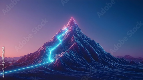 Abstract Digital Mountain With Glowing Blue Path Against Purple And Blue Gradient Sky Illustrating Technology And Data