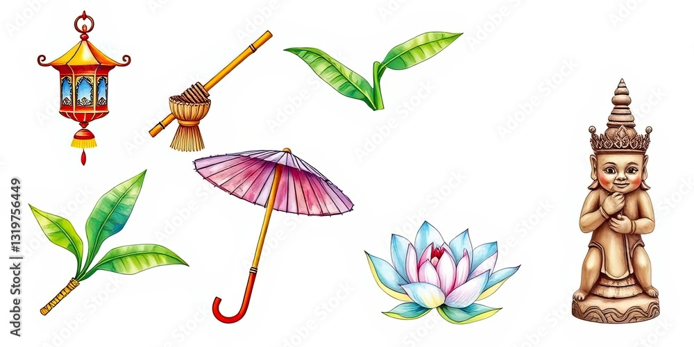Naklejka premium Asian Culture Illustration Lantern Umbrella Lotus Statue Leaves