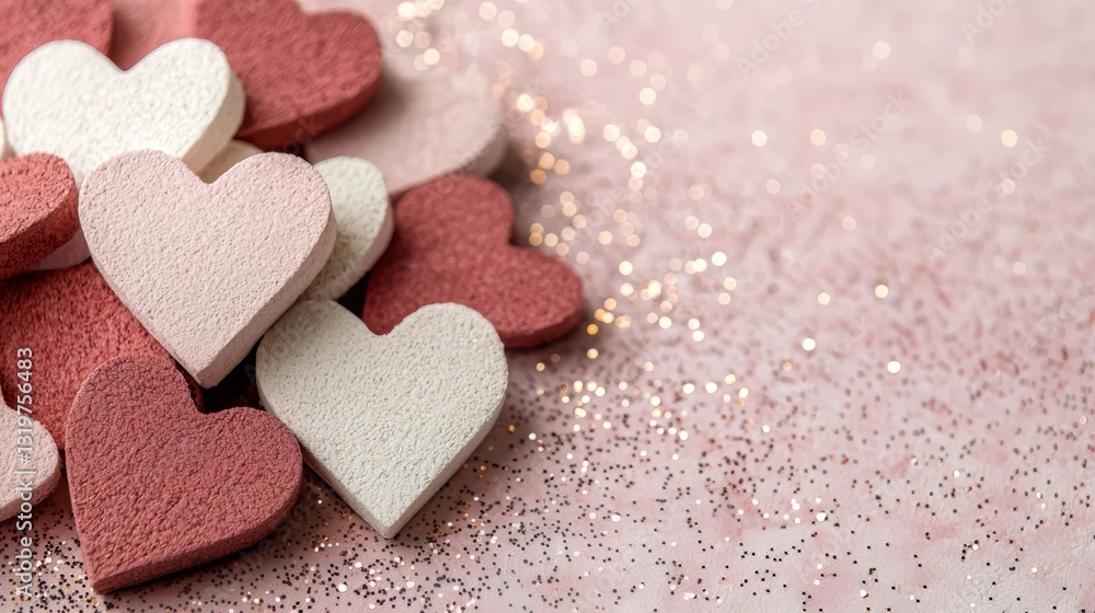 Obraz premium Pile of hearts with a pink background. The hearts are made of foam and are arranged in a way that they look like they are hugging each other. The pink background adds a romantic