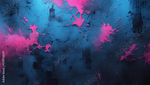 Grunge Abstract Neon Paint Splatter Texture Background in Pink and Blue
