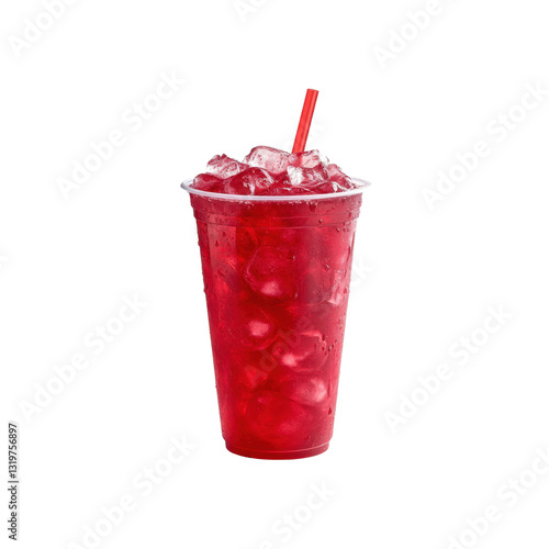 A tall red plastic cup is filled to the brim with a cold drink and ice cubes, showcasing a vibrant color and enticing appearance.