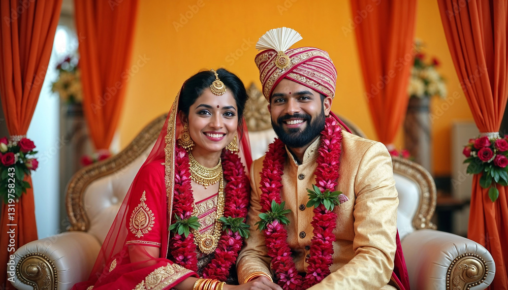 Happy Indian wedding couple sitting together on mandap - portrait photography