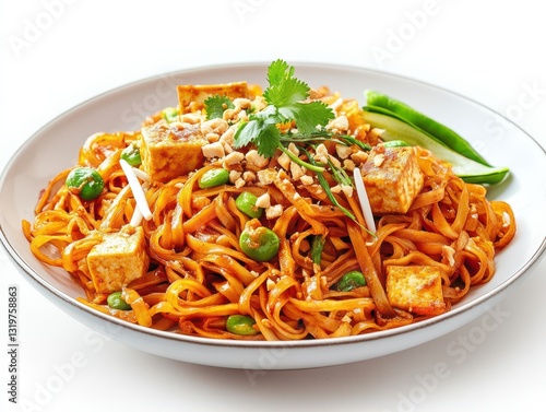 Delicious vegan pad thai with tofu on white background