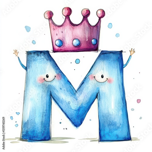 Watercolor M with a cute crown and smiling features