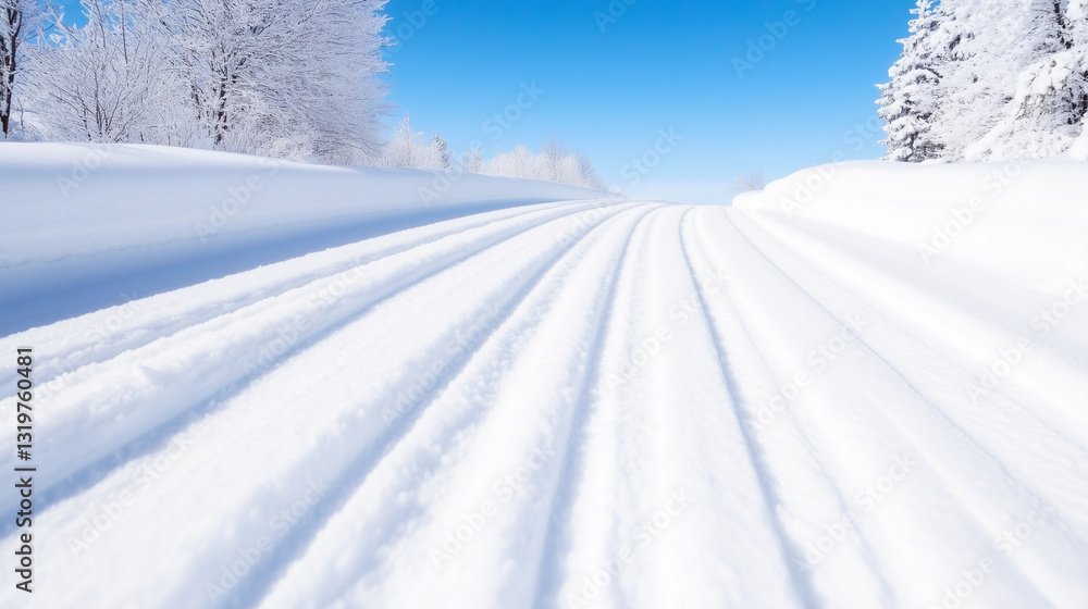 Snowy Road with Fresh Tracks on a Clear Winter Day Snowy Road with Fresh Tracks on a Clear Winter Day