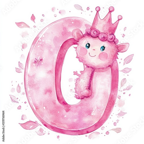 Whimsical watercolor artwork features letter O with a crown