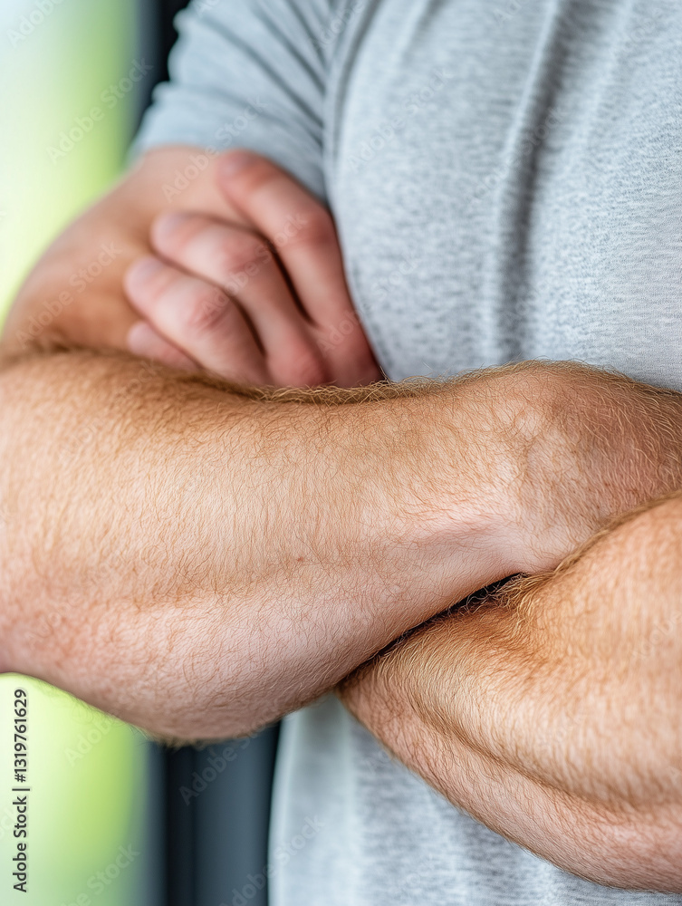 Fototapeta premium Close-up of crossed arms in casual t-shirt