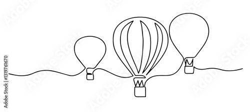 Three Balloon Outlines with Baskets, Connected by Wavy Lines, Representing the Balloon Festival and Loj Krathong. Albuquerque Balloon Festival.