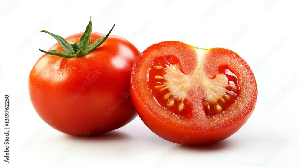 Fresh juicy red Tomato with cut in half isolated on white background. Fresh juicy red Tomato with cut in half isolated on white background.