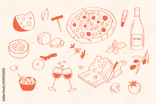 Hand drawn pizza, cheese, wine, olives food set of italian food - Doodle style illustration. Minimalist hand drawn food and beverages vector illustration collection