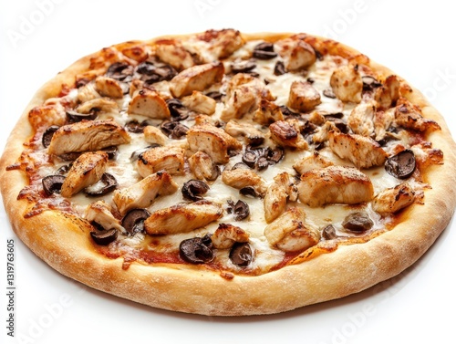 Whole wheat pizza topped with grilled chicken and mushrooms