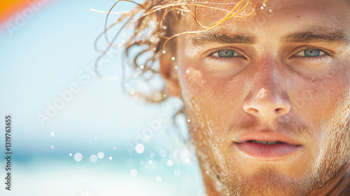 Intense summer portrait with blond hair against blurred sky background