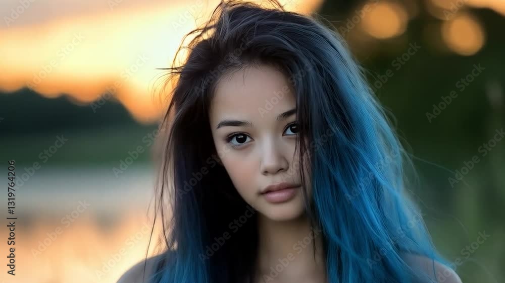 Portrait Video of a Young Asian Girl with Blue Hair Portrait Video of a Young Asian Girl with Blue Hair