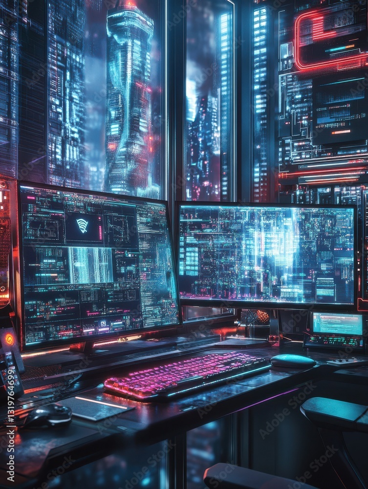 Neon Cyber Threat Network - Futuristic Businessscape Neon Cyber Threat Network - Futuristic Businessscape