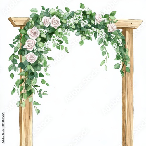 Wooden wedding arch adorned with pink flowers and greenery