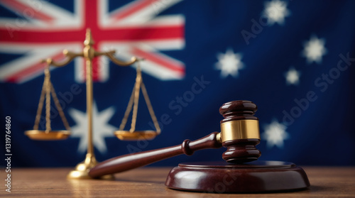 Australian justice system with gavel, scales, and national flag