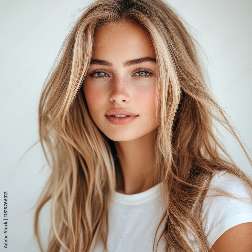 Young woman with long hair smiling on white background Young woman with long hair smiling on white background