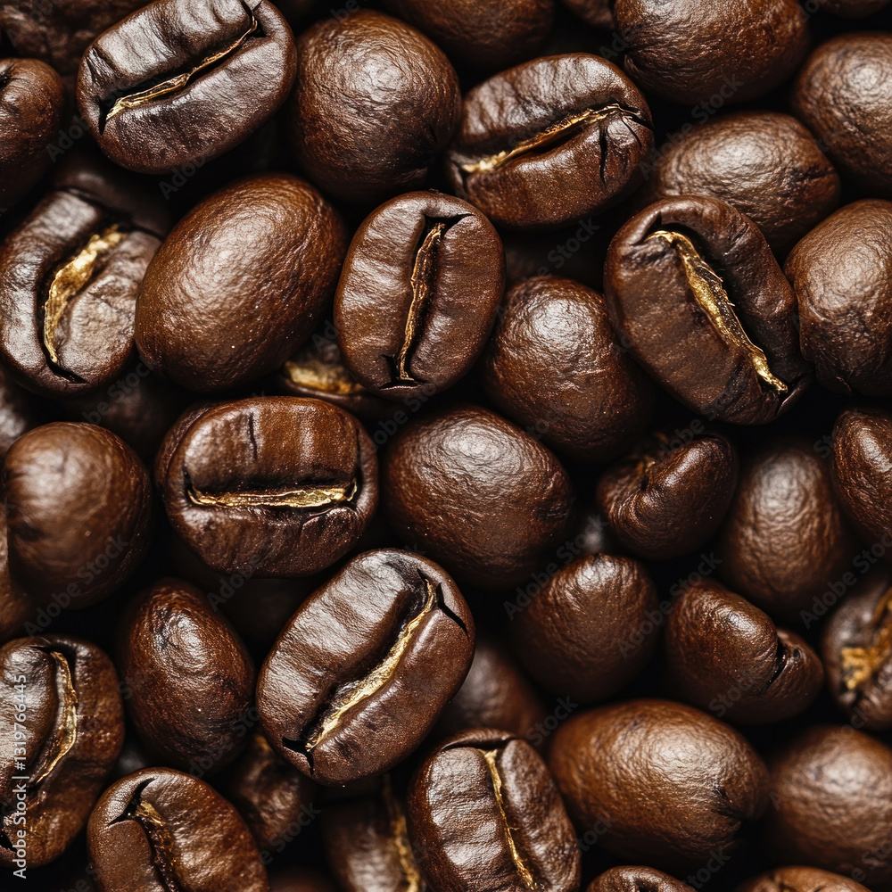 Close-up shots of roasted coffee beans. They have a rich brown color, a slightly oily surface and characteristic longitudinal cracks. Close-up shots of roasted coffee beans. They have a rich brown color, a slightly oily surface and characteristic longitudinal cracks.